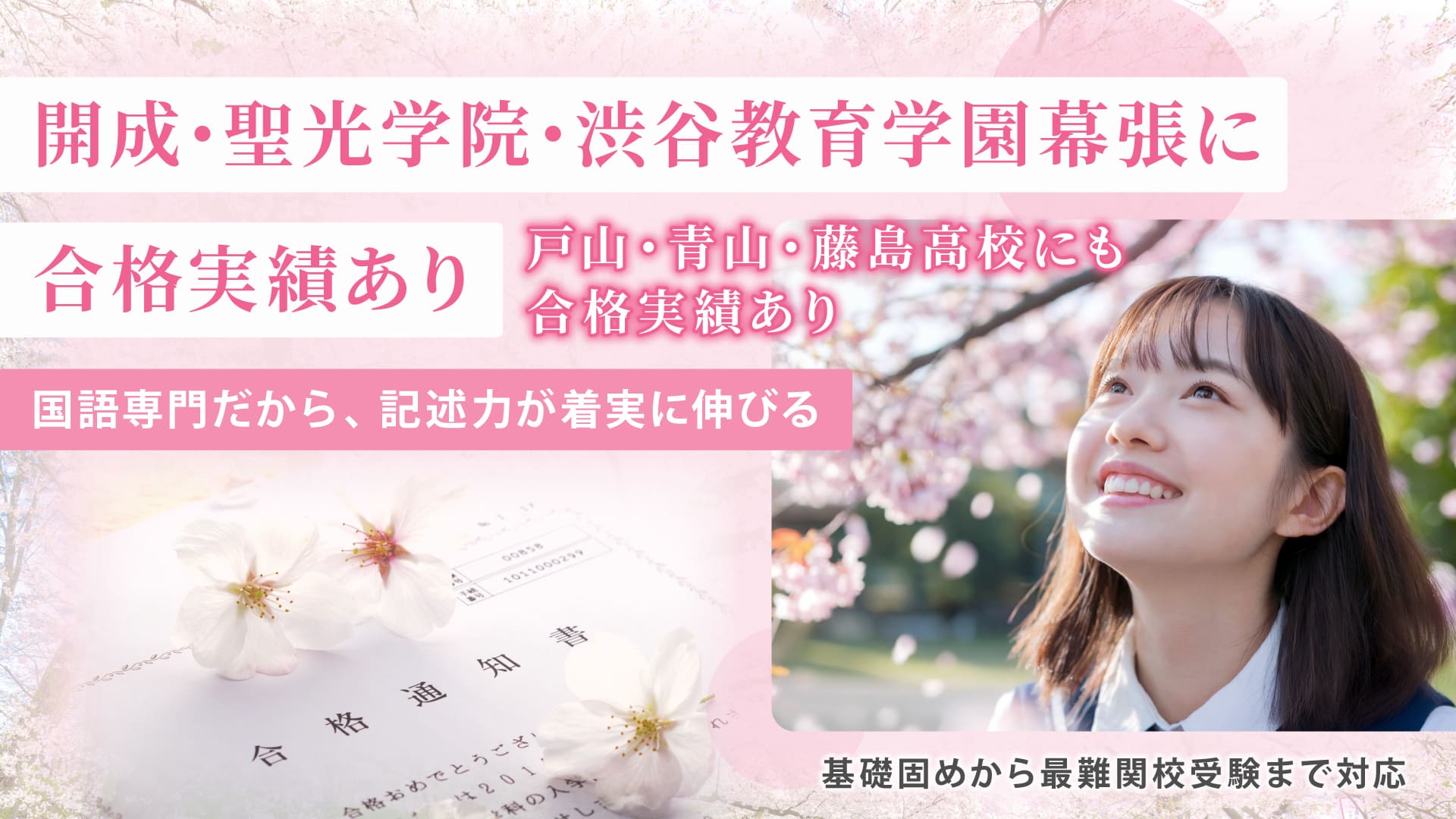 桜が咲く背景に笑顔の中学生の女の子と合格通知書。開成、聖光学院、渋谷教育学園中学や戸山、青山、藤島高校などの難関校に合格実績あり。国語専門塾の紹介スライド画像。